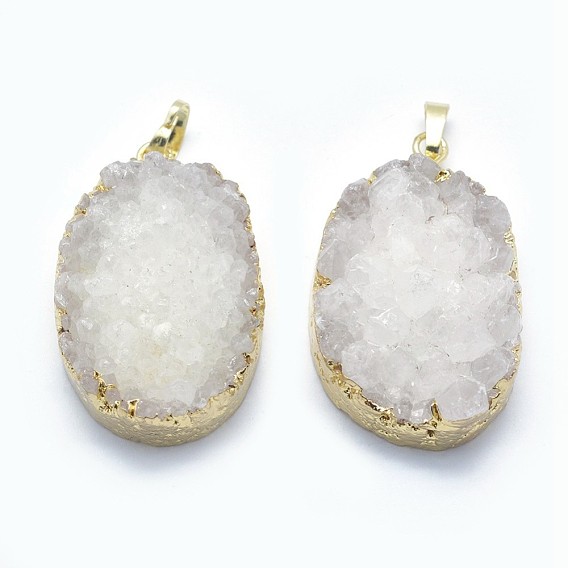 Natural Quartz Pendants, with Golden Tone Brass Findings, Oval