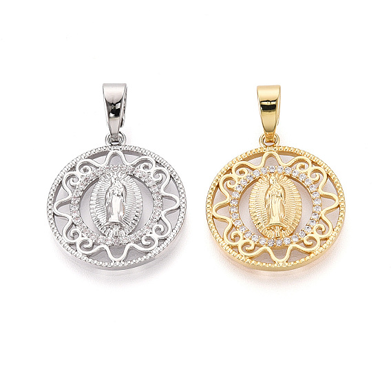 Латунные микропаве прозрачные подвески с фианитом, без кадмия и без свинца, плоский круглый с Иисусом Марией католический