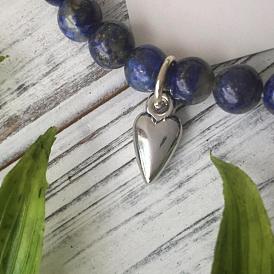 Round Natural Lapis Lazuli Beads Stretch Bracelets, with 304 Stainless Steel Heart Pendants