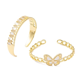Hexagon/Butterfly Brass Micro Pave Clear Cubic Zirconia Open Cuff Bangles for Women, Real 18K Gold Plated