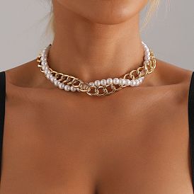 Женские ожерелья из круглых бусин и витой цепочки из сплава с имитацией жемчуга, выполненные в технике плетения 2-нити., белые