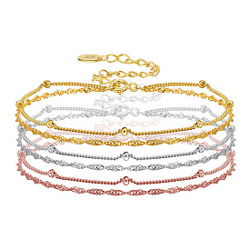 925 Sterling Silver Rope & Satellite Chains Double-Layer Multi-strand Bracelet, with S925 Stamp
