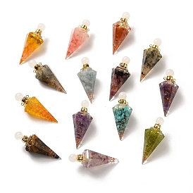 Gemstone Perfume Bottle Pendants, Resin Faceted Cone Charms with Brass Screw Cap