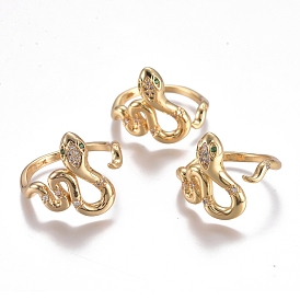 Brass Micro Pave Cubic Zirconia Cuff Rings, Open Rings, Long-Lasting Plated, Snake