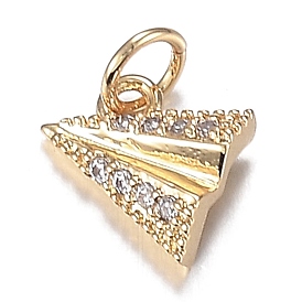 Brass Micro Clear Cubic Zirconia Charms, Long-Lasting Plated, Paper Plane Shape