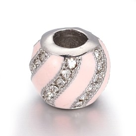 Ion Plating(IP) 304 Stainless Steel European Beads, with Enamel and Rhinestone, Large Hole Beads, Round