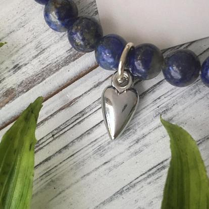Round Natural Lapis Lazuli Beads Stretch Bracelets, with 304 Stainless Steel Heart Pendants