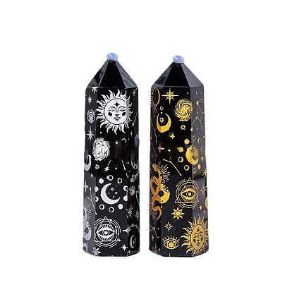 Barre de prisme pointue en obsidienne noire naturelle décoration d'affichage à la maison, baguettes de pierre de guérison, pour les décos de thérapie de méditation reiki chakra, balle à facettes imprimé étoile de lune
