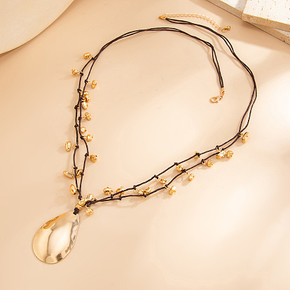 Iron Teardrop Pendant Wax Cord 2-Strand Necklaces with CCB Plastic Beads Tassel for Women, Coconut Brown