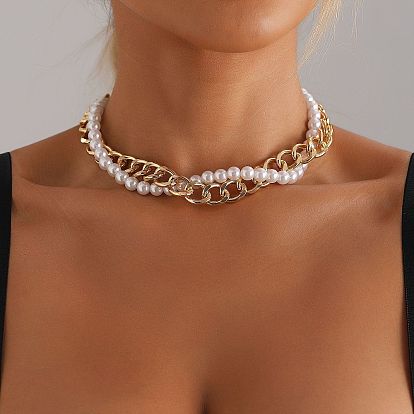 Женские ожерелья из круглых бусин и витой цепочки из сплава с имитацией жемчуга, выполненные в технике плетения 2-нити., белые