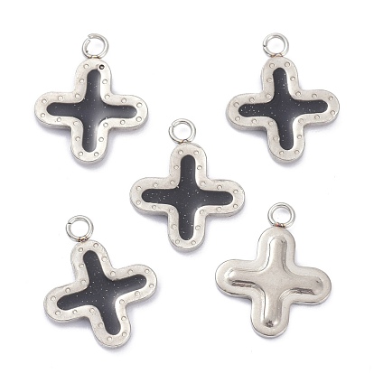 304 Stainless Steel Enamel Pendants, with Glitter, Stainless Steel Color, Cross