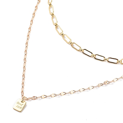 2 pcs 2 rectangle de style avec ensemble de colliers pendentif porte-bonheur, colliers à maillons ovales en laiton et chaînes plaquées pour femmes
