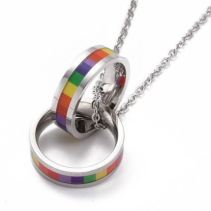 Pride Style 201 Stainless Steel Pendant Necklaces, with Enamel and Iron Chains, Double Rings, Colorful