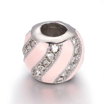 Ion Plating(IP) 304 Stainless Steel European Beads, with Enamel and Rhinestone, Large Hole Beads, Round