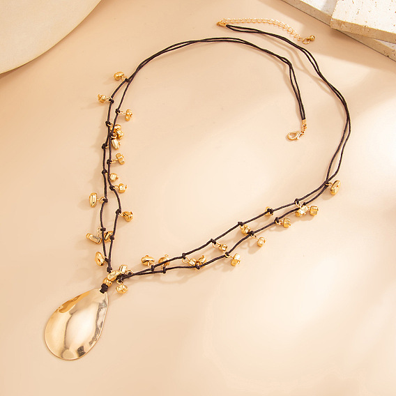 Iron Teardrop Pendant Wax Cord 2-Strand Necklaces with CCB Plastic Beads Tassel for Women, Coconut Brown
