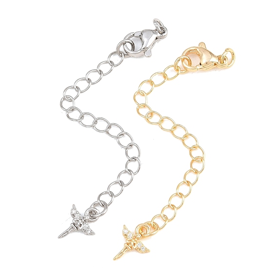 Brass Curb Chain Extender, End Chains with Lobster Claw Clasps and Cubic Zirconia Charms, Angel