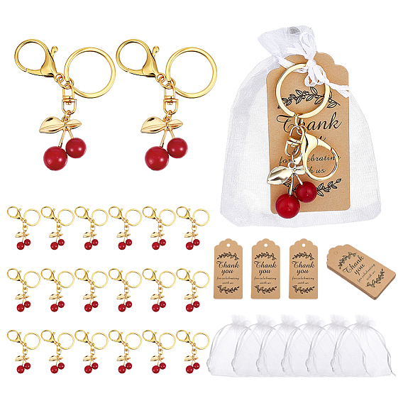24Pcs Cherry Alloy & Resin Keychains, with Iron Rings and Paper Card and Organza Drawstring Bags