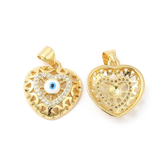 Brass Micro Pave Clear Cubic Zirconia Pendants, with Enamel, Heart with Evil Eye Charms