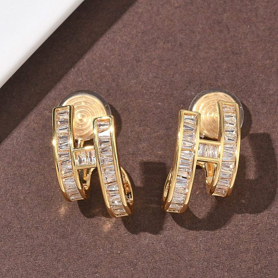 Серьги-клипсы из латунного микро-паве с прозрачными фианитами, долговечный, без никеля , Письмо ч