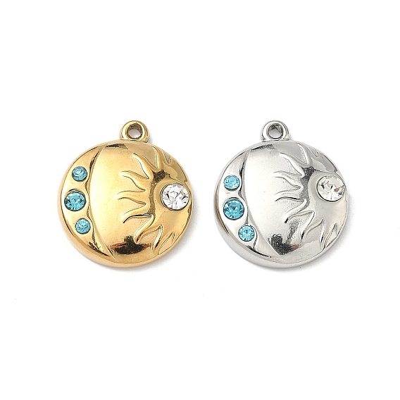 304 из нержавеющей стали горный хрусталь подвески, плоский круглый с шармом солнца и луны