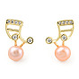 Pearl Pink Natural Pearl Musical Note Stud Earrings with Cubic Zirconia, Brass Earrings with 925 Sterling Silver Pins for Women