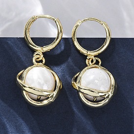 Латунные серьги обруча, с ABS имитации жемчуга, стойки покрытие, долговечный, без свинца и без кадмия, круглые