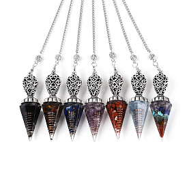 Крупные подвески для лозоходства, изготовленные из крошек натуральных драгоценных камней и эпоксидной смолы., с железной цепью и крышкой из сплава, шестиугольный конус-шарм