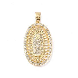 Brass Clear Cubic Zirconia Pendants, Long-Lasting Plated, Oval with Holy Virgin Charms