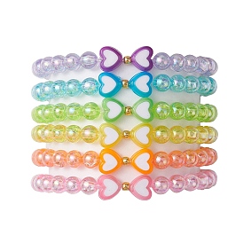 6Pcs 6 Colors Heart & Round Acrylic Beaded Stretch Kid Bracelet Sets, Stackable Bracelets for Girls