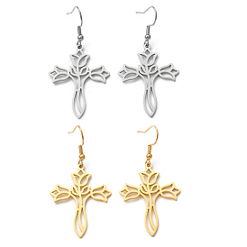 304 Stainless Steel Hollow Out Cross with Flower Dangle Earrings for Women