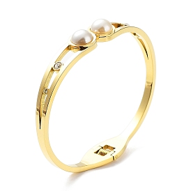 Ion Plating(IP) 304 Stainless Steel Cuff Bangle, Hinged Bangle with Rhinestone and Plastic Pearl