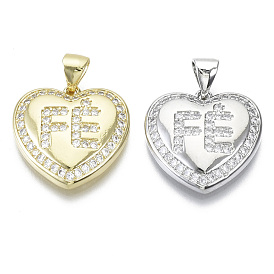 Brass Micro Pave Cubic Zirconia Pendants, with Snap on Bail, Nickel Free, Heart with Letter, Clear