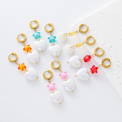 Boucles d'oreilles pendantes créoles en résine et acier inoxydable pour femmes, or, avec perle d'imitation