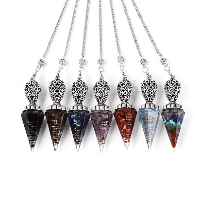 Крупные подвески для лозоходства, изготовленные из крошек натуральных драгоценных камней и эпоксидной смолы., с железной цепью и крышкой из сплава, шестиугольный конус-шарм