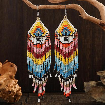 Серьги-кисточки в стиле бохо, с рисунком глаз и стеклянными бусинами, платина