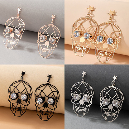 Alloy Star with Skull Dangle Stud Earrings with Crystal Rhinestone, Halloween Iron Jewelry for Women