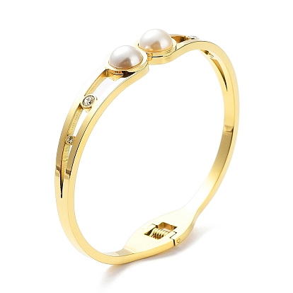 Ion Plating(IP) 304 Stainless Steel Cuff Bangle, Hinged Bangle with Rhinestone and Plastic Pearl