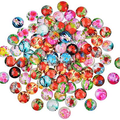 100 piezas de cabujones de vidrio con estampado de flores, media vuelta / cúpula