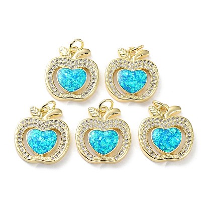 Rack Plating Brass Micro Pave Cubic Zirconia Fruit Pendants, Synthetic Opal Apple Charms with Jump Ring, Cadmium Free & Lead Free, Long-Lasting Plated, Real 18K Gold Plated