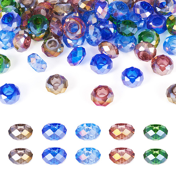 50шт 5 цвета прозрачные стеклянные европейские бусины, бусины с большим отверстием, с покрытием AB цвета, граненые, рондель