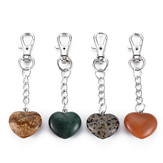 Natural Gemstone Keychain, with Brass Lobster Claw Clasps and Iron Chains, Heart, Platinum