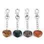 Natural Gemstone Keychain, with Brass Lobster Claw Clasps and Iron Chains, Heart, Platinum