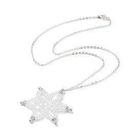 Synthetic Hematite & Glass Beaded Snowflake Pendant Necklace, Brass Jewelry for Women