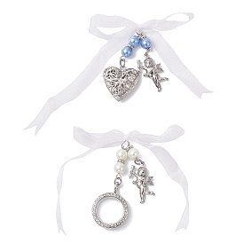 2 шт. 2 стили сердце и плоские круглые сплавы страз свадебный букет фото медальон подвеска украшения, со стеклянными жемчужными бусинами и лентой из органзы с бантом