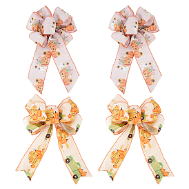 CHGCRAFT 4Pcs 2 Style Pumpkin Pattern Polyester Bowknot Display Decoration, with Twist Tie, Thanksgiving Day Theme