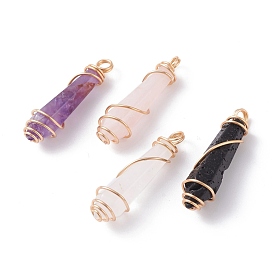 Natural Mixed Gemstone Pointed Pendants, with Golden Tone Copper Wire Wrapped, Faceted Bullet Charms