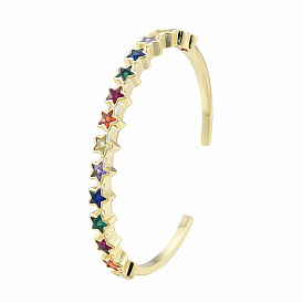 Bracelet manchette ouvert étoile zircone cubique, bijoux en laiton plaqué or véritable 18k pour femmes