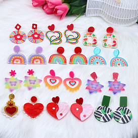 Acrylic Print Stitching Stud Earrings Fashion Personality Love Double Heart Rainbow Earrings Earrings Women