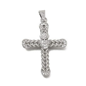 Brass Micro Pave Clear Cubic Zirconia Pendants, Cross with Sacred Heart Charms