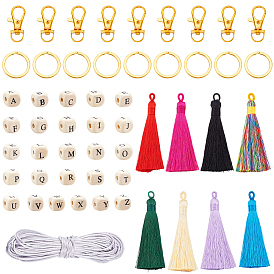 Сделай сам наборы для ключей, В комплект входят 10 шт. подвесок с полиэстеровыми кисточками, 300шт. деревянных бусин с принтом, 10Поворотные застежки-«лобстеры» из сплава, 10 железные разрезные брелоки для ключей, 10м нейлоновая нить